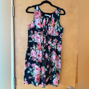 Floral Sleeveless Chiffon-type Dress - Black with Pink Roses